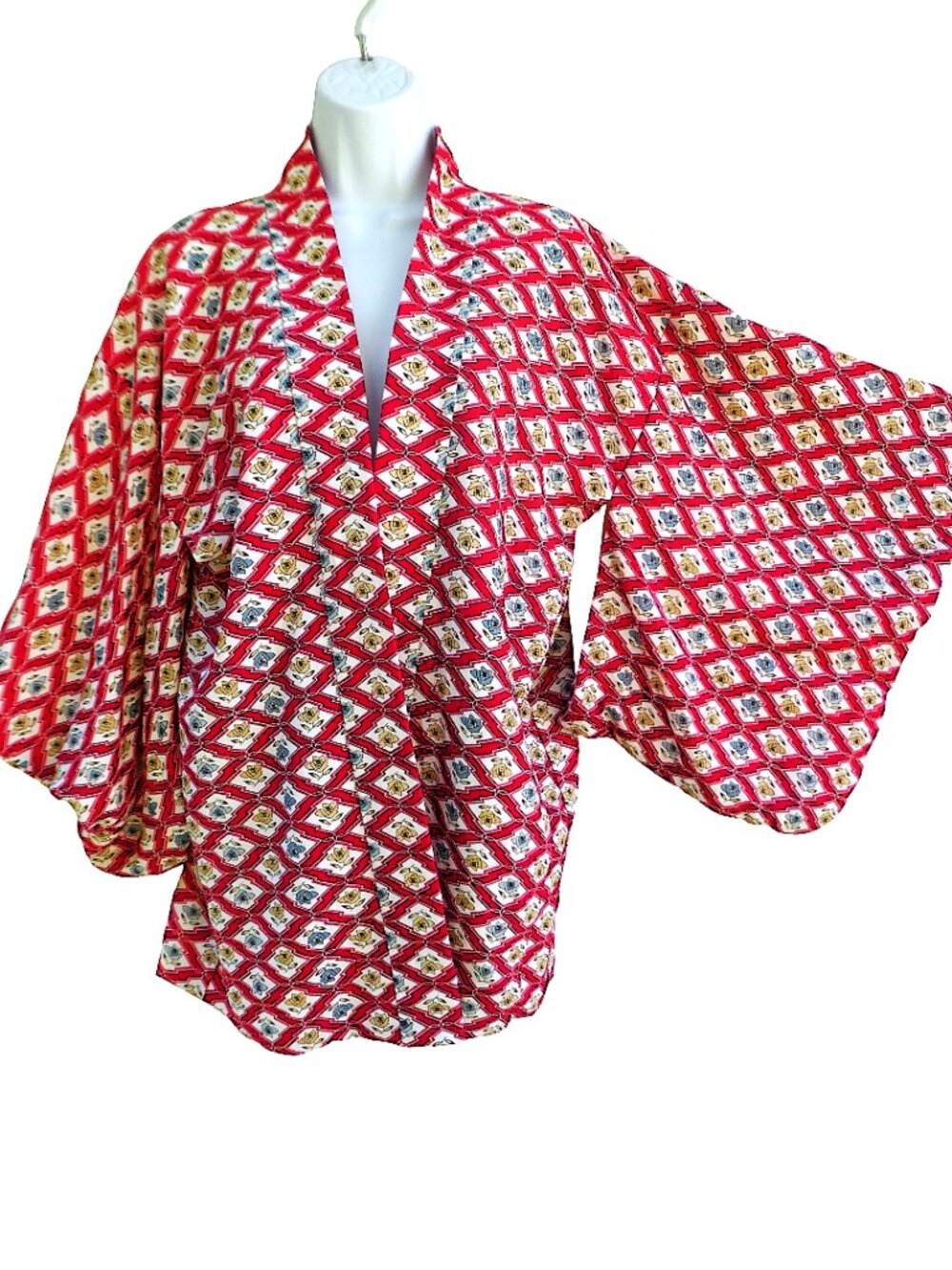 Japanese Kimono Hand Crafted Red Geometric Blue Pink Flower in Diamond Print Tie